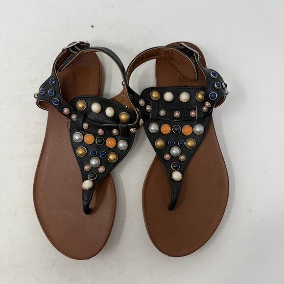 J/Slides Black Beaded Gemstone T-Strap Sandals Size EU 37 - Picture 5 of 11